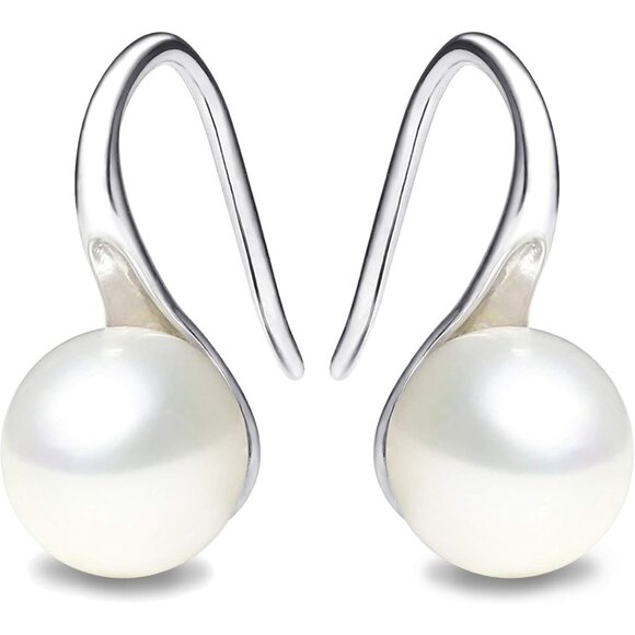 925 Sterling Silver Hoop Handpicked AAA+ Quality 7.5-8mm Dangle Drop Earrings - Picture 1 of 6